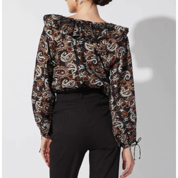 Cleobella Womens Top Jillian Blouse Button Up Ruffle Avalon Block Brown Size XS - Picture 2 of 11